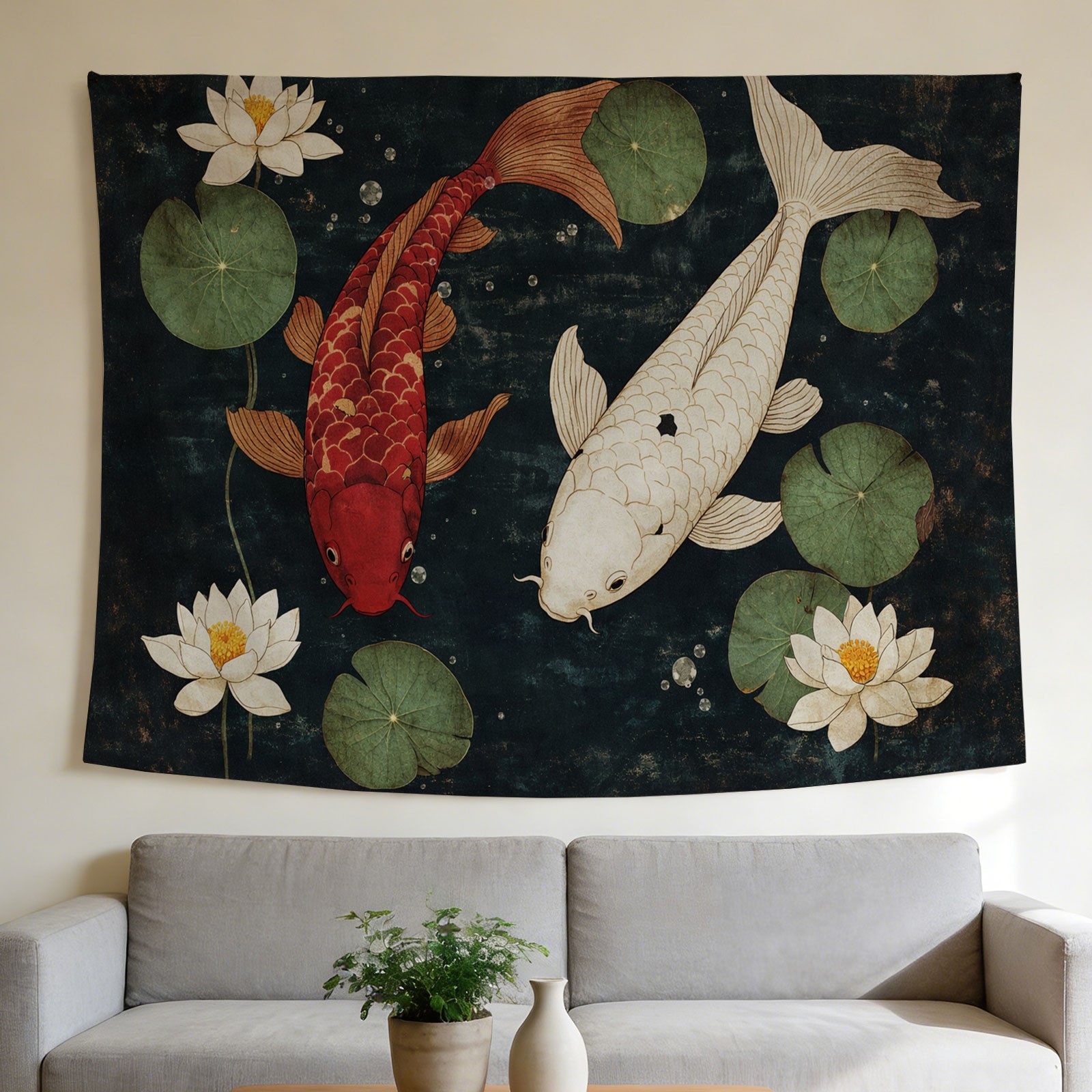Home Decor Japandi Style - Роскошный гобелен с карпами кои и